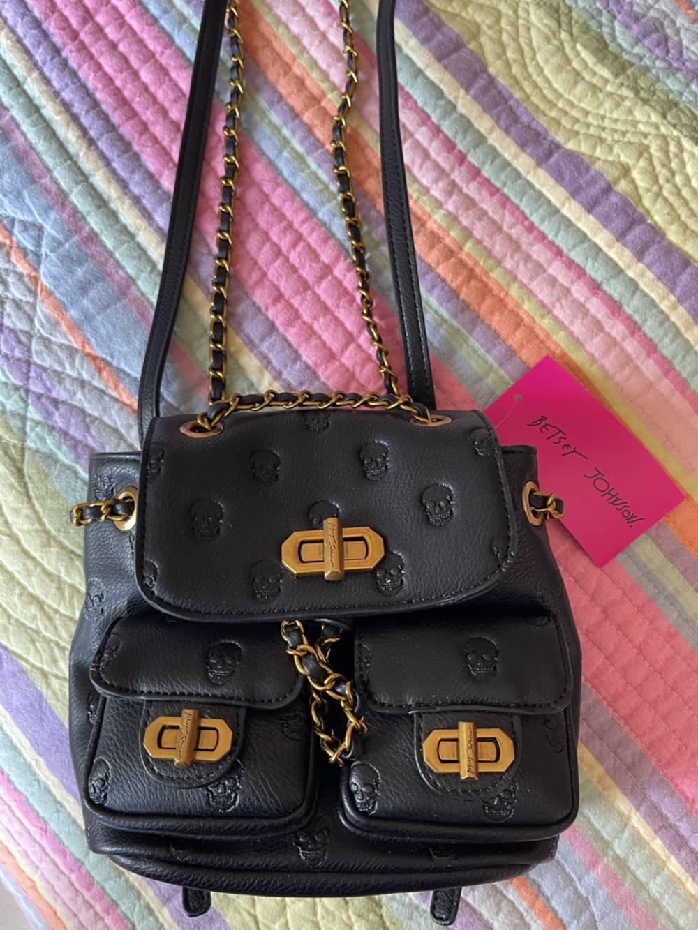 Betsey Johnson Black Embossed Skull Chain-Accent Crossbody Bag